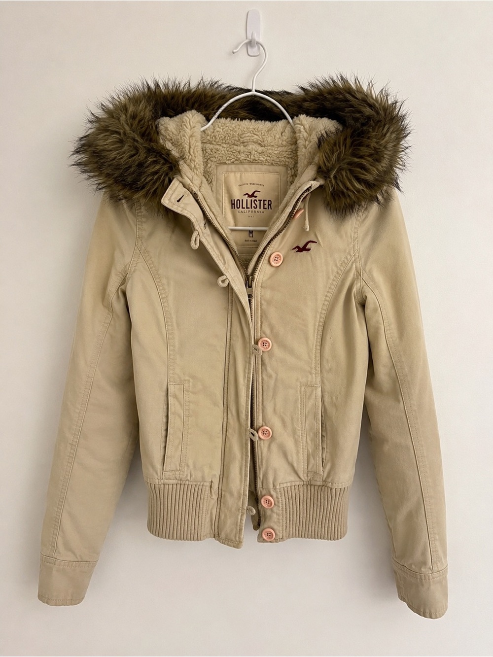 Vintage Y2K Hollister Faux Fur Hood Bomber Jacket Khaki Bella Swan Twilight Med